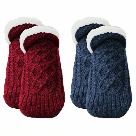TELOLY 2Pairs Slipper Socks for Women,Size 28-34 Slipper Socks,Fleece-Lined & Thick Fuzzy Socks,Style1,18-21Cm