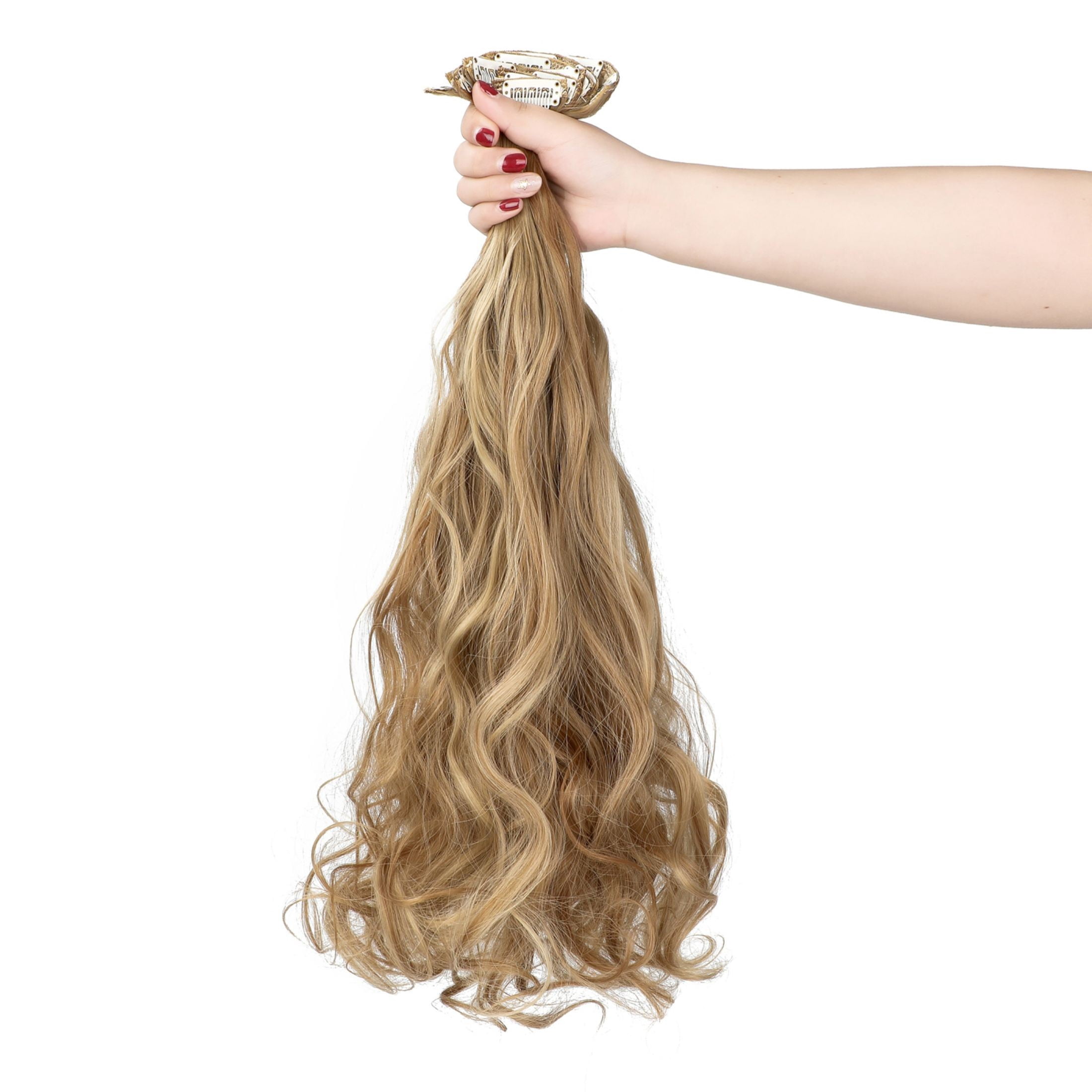 Qlenkay Clip in Hair Extensions Synthetic Hair 7 pcs Double Weft Long Wavy Straight Hair Extension for Women