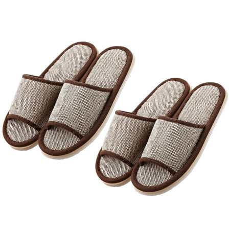 

2 Pairs of 27cm Slippers Summer Anti EVA Bottom Cotton Linen Slippers for Hotel Home (Coffee)