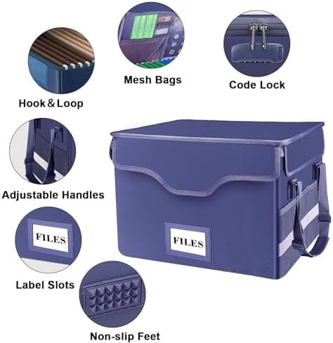 Fireproof Document Box with Lock, File Storage Organizer with Mesh Pockets, Collapsible Portable File Box Home Office Safe Filing Cabinet with Handle for Hanging Letter/Legal Folder, Blue