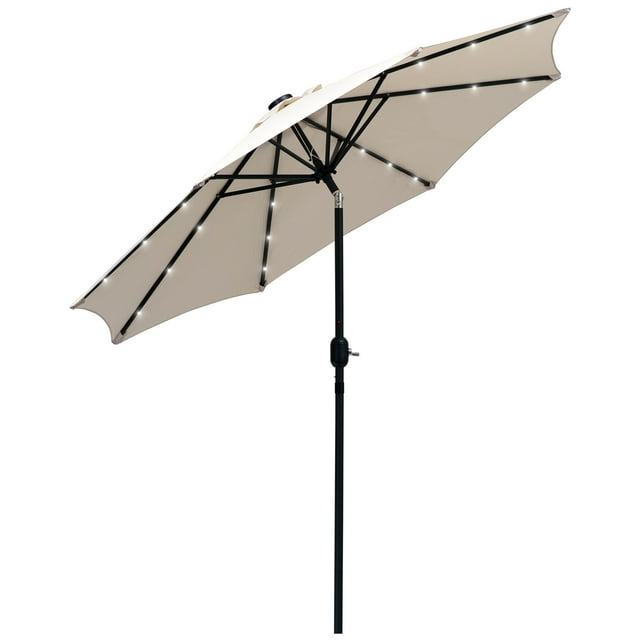 Outsunny 9ft Solar Patio Umbrella with LED Lights Tilt Canopy, Cream White
