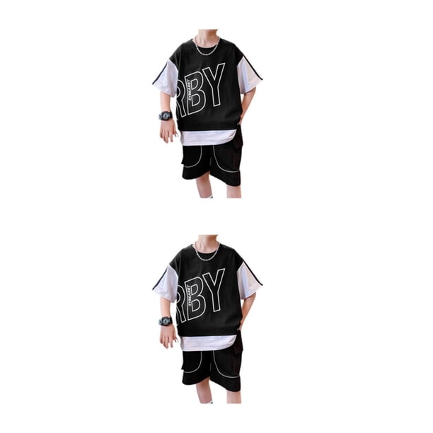 Qarigey De ropa deportiva de moda con letras, jersey holgado para niños, camiseta de manga corta, conjuntos de ropa, ropa de calle negra Negro ciento diez 2Conjunto