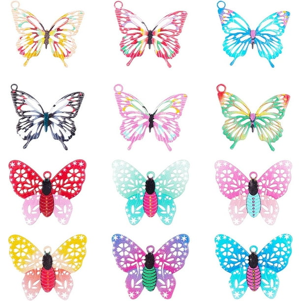 48 colgantes de latón en 12 colores, adornos de metal grabado, dijes de mariposa impresos para hacer bisutería, collares y manualidades.