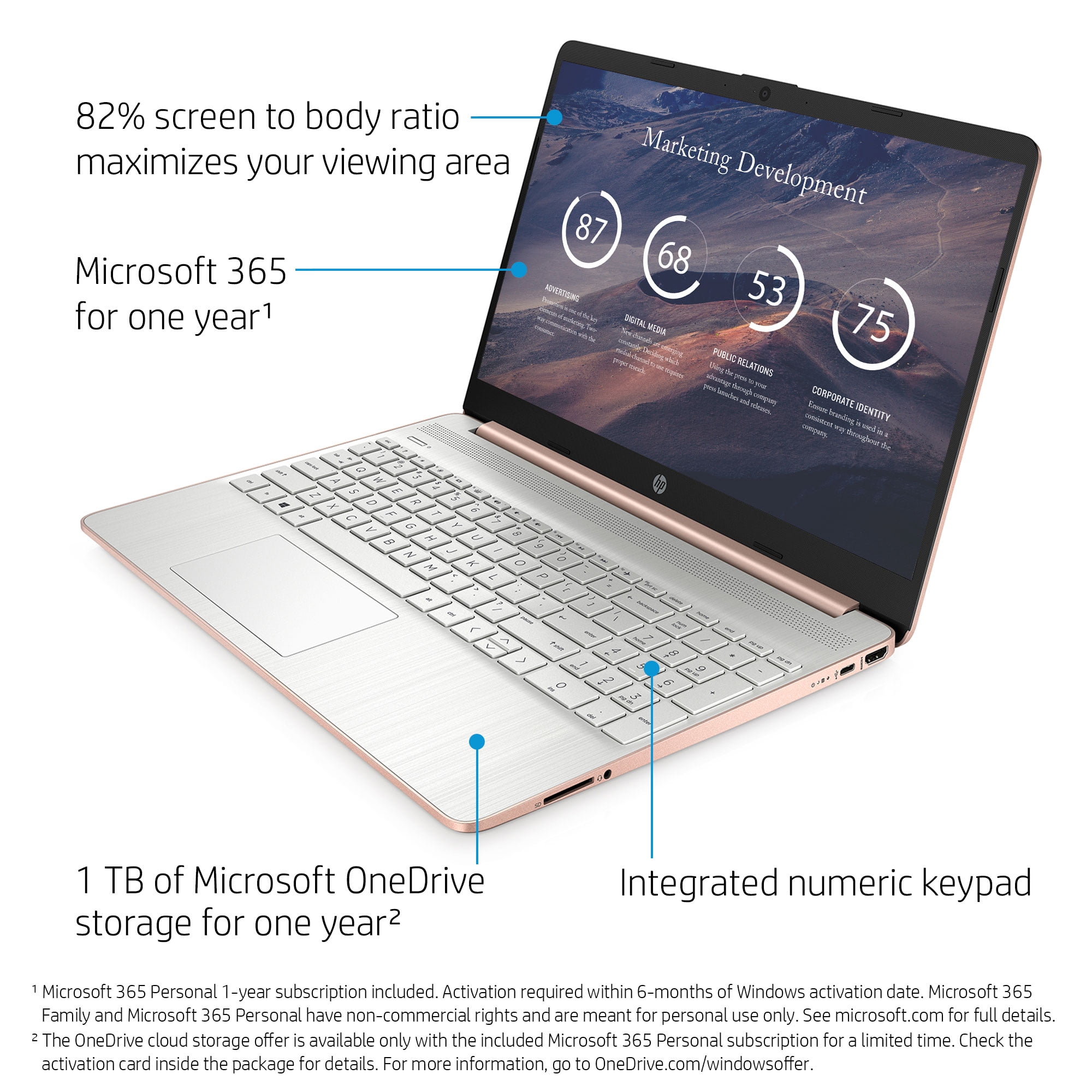 HP 15.6" Laptop, AMD Athlon N3050 Processor, 4GB RAM, 128GB SSD, Rose Gold, Wireless Mouse, Sleeve, Windows 10 Home in S mode with Microsoft 365, 15-ef1073wm