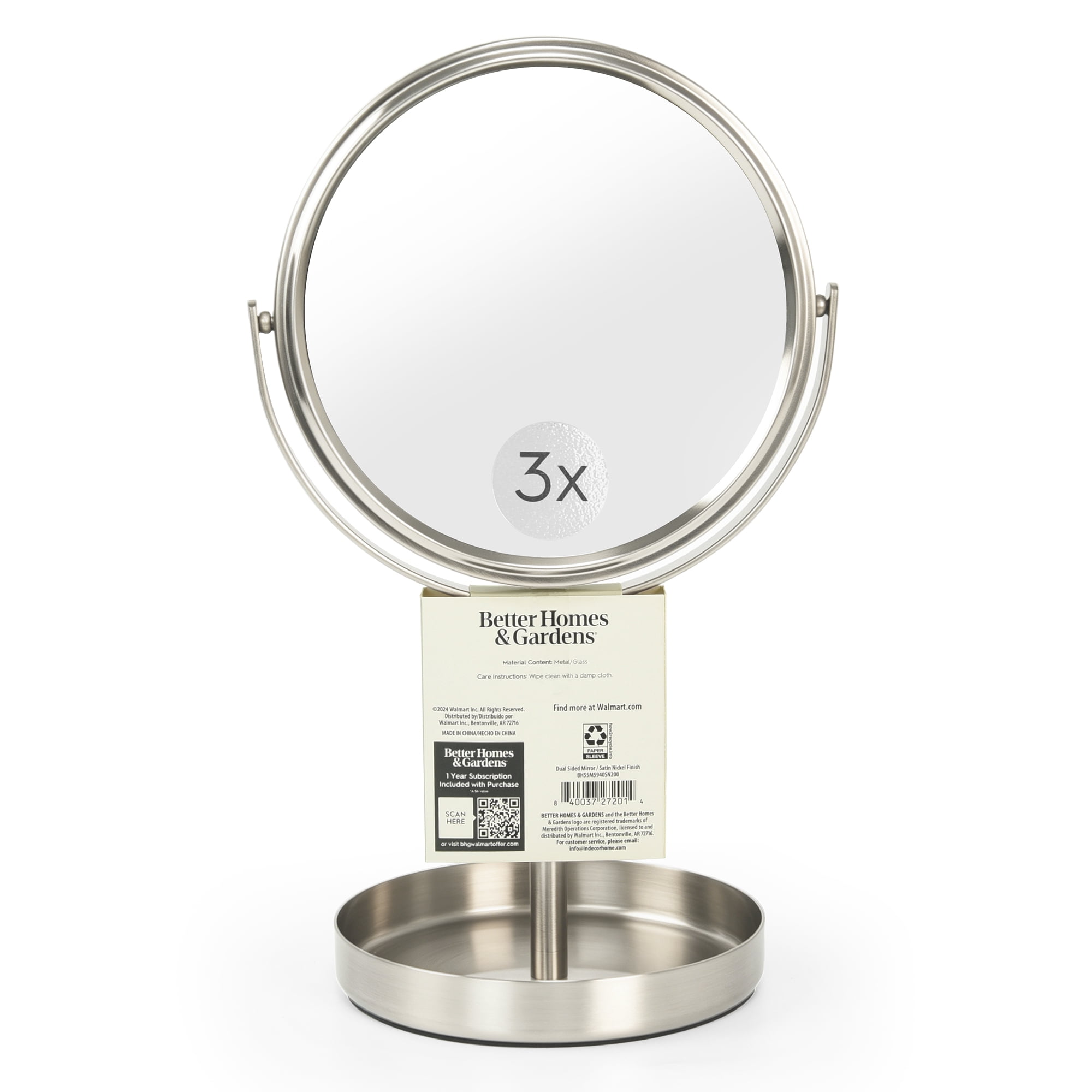 Better Homes & Gardens Satin Nickel Metal Mirror(featuring one side as a standard mirror).