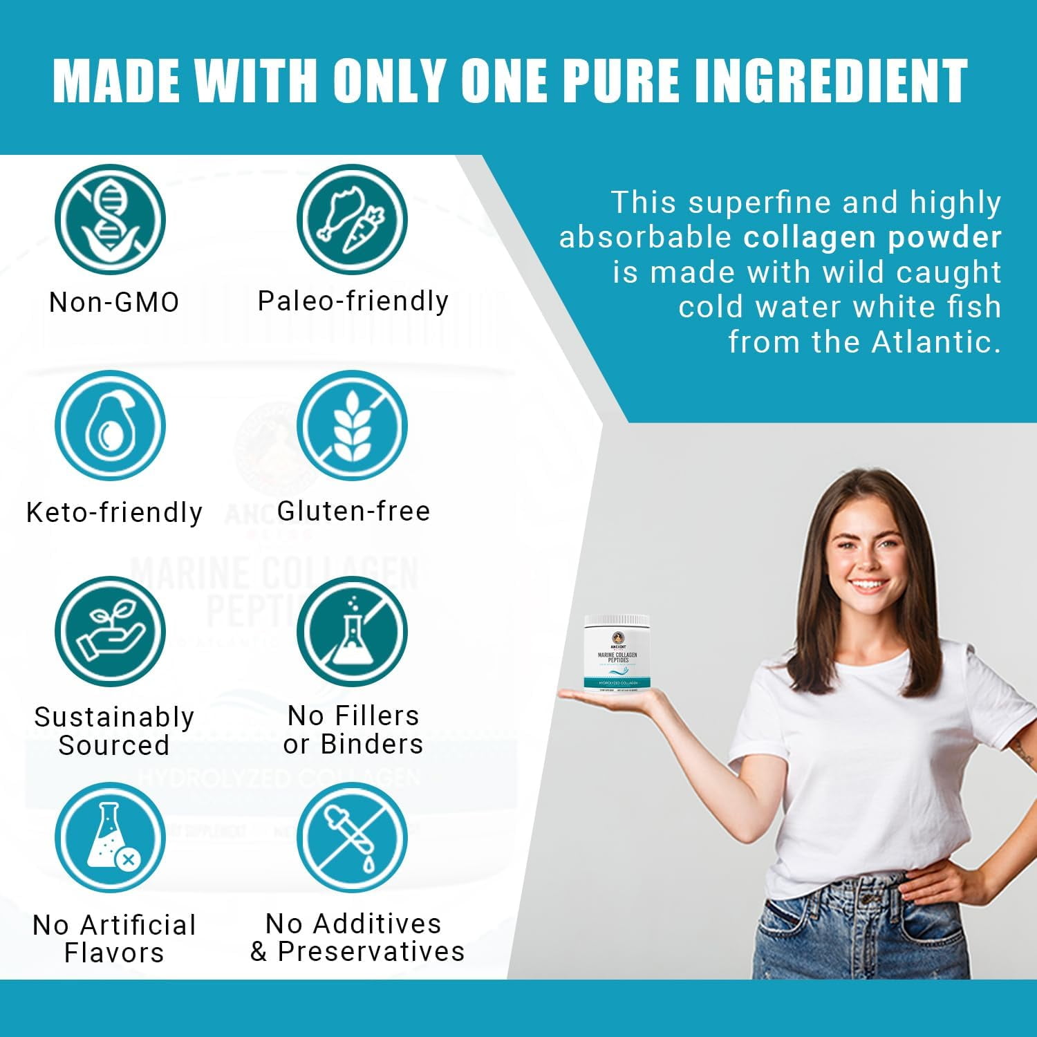 Ancient Bliss Wild-Caught Marine Fish Collagen Peptides Powder, Flavorless, Gluten-Free, 15.87 oz