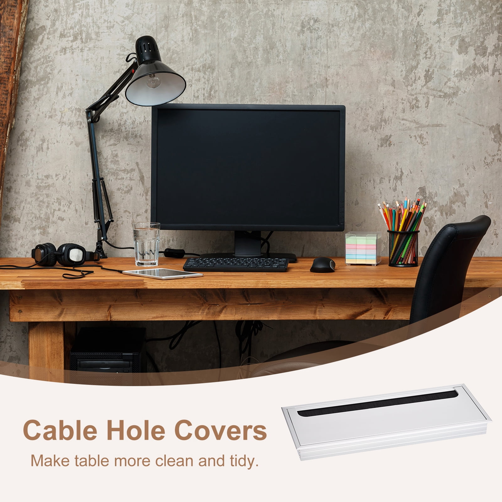Uxcell Cable Hole Cover 290mm x 110mm Aluminum Alloy Rectangle Desk Grommet, Silver