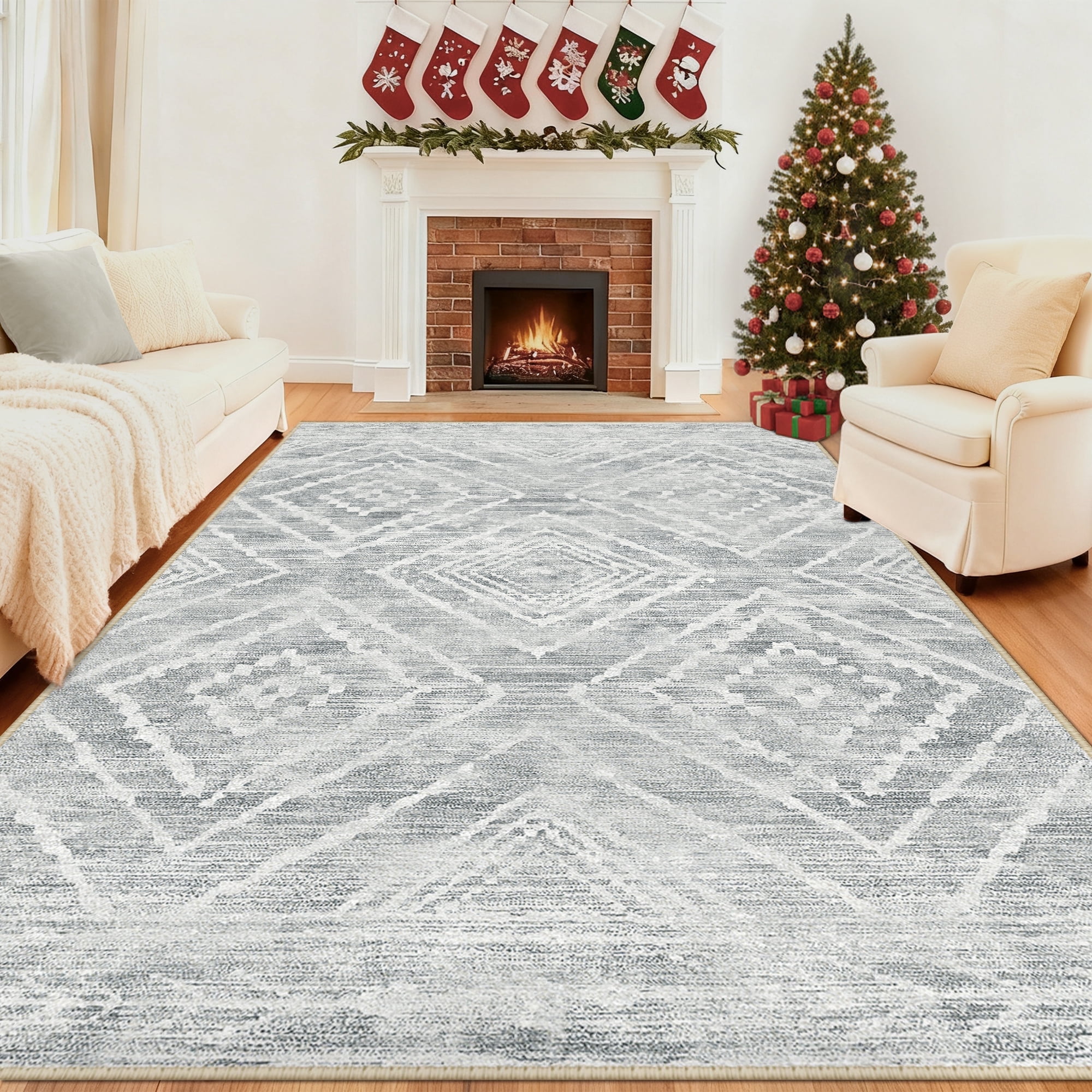NewBuros 9'x12' Area Rug for Living Room, Machine Washable Non-Slip Rug, Soft Low Pile Stain Resistant Vintage Western Indoor Rug for Bedroom Dining Room, Light Gray