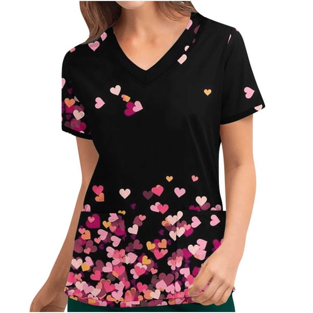 Fiudx Ofertas Flash Del Día Blusa de Manga Corta con Cuello En V para Mujer, Uniforme, Blusa con Bolsillos Estampados para El Día de San Valentín
