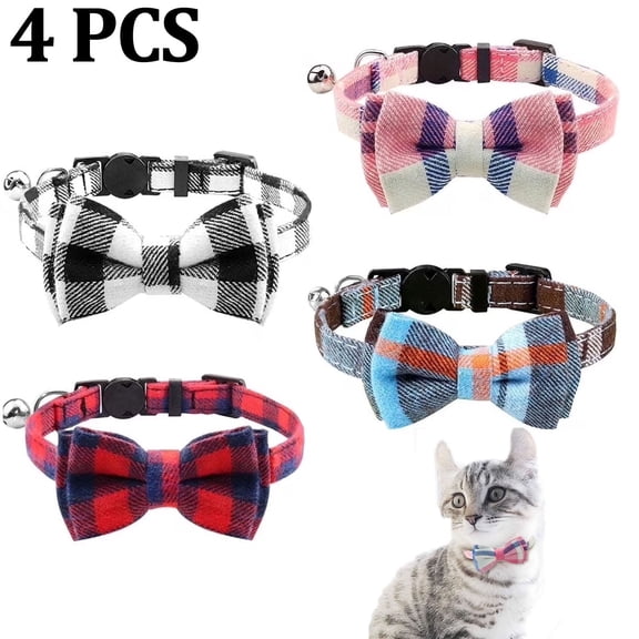 Upgraded Cat Collar with Bells, Breakaway Cat Collars with Bow Tie, 1 Pack Girl Boy Safety Plaid Kitten Collars, Black Red Pink Haze Blue