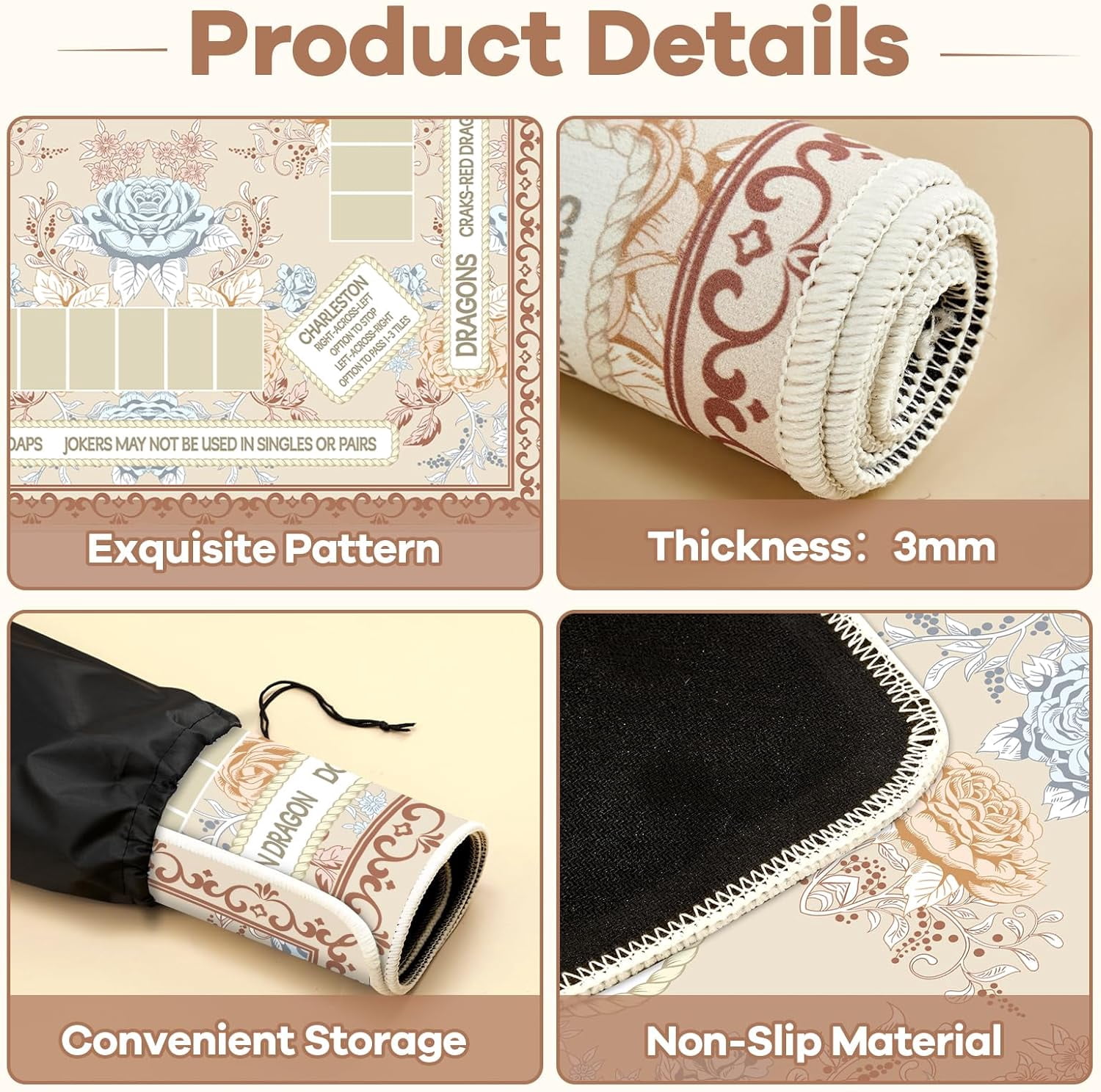 Chinoiserie Mahjong Mat with Black Carrying Bag 31.5 x 31.5 in Multi Purpose Game Table Cover Anti Slip and Noise Reduction for Mahjong Poker Board Card Dominoes Games(Beige)