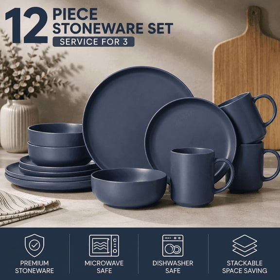 Generic 12-Piece Stoneware Dinnerware Set for 3 – Microwave & Dishwasher Safe Plates Bowls Mugs, Non-Toxic Stackable Kitchen Dishes, Matte Glaze Blue