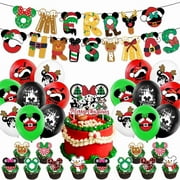Christmas Mickey Party Decoration Christmas New Year Party Supplies, Cute Mickey Party Supplies Banner Backdrop Balloons Cake Topper Party Supplies for Christmas New Year Birthday Party