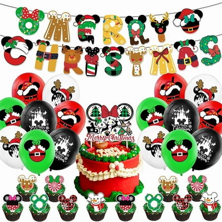 Christmas Mickey Party Decoration Christmas New Year Party Supplies, Cute Mickey Party Supplies Banner Backdrop Balloons Cake Topper Party Supplies for Christmas New Year Birthday Party