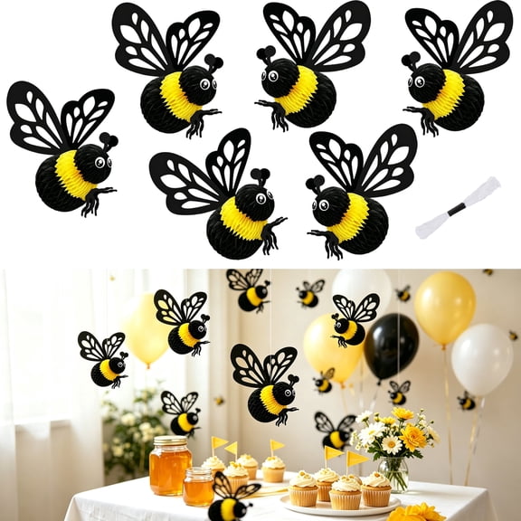 6 Pack Bee Party Centerpieces, Tissue Paper Honeycomb Table Decorations for Birthday, Baby Shower and Gender Reveal