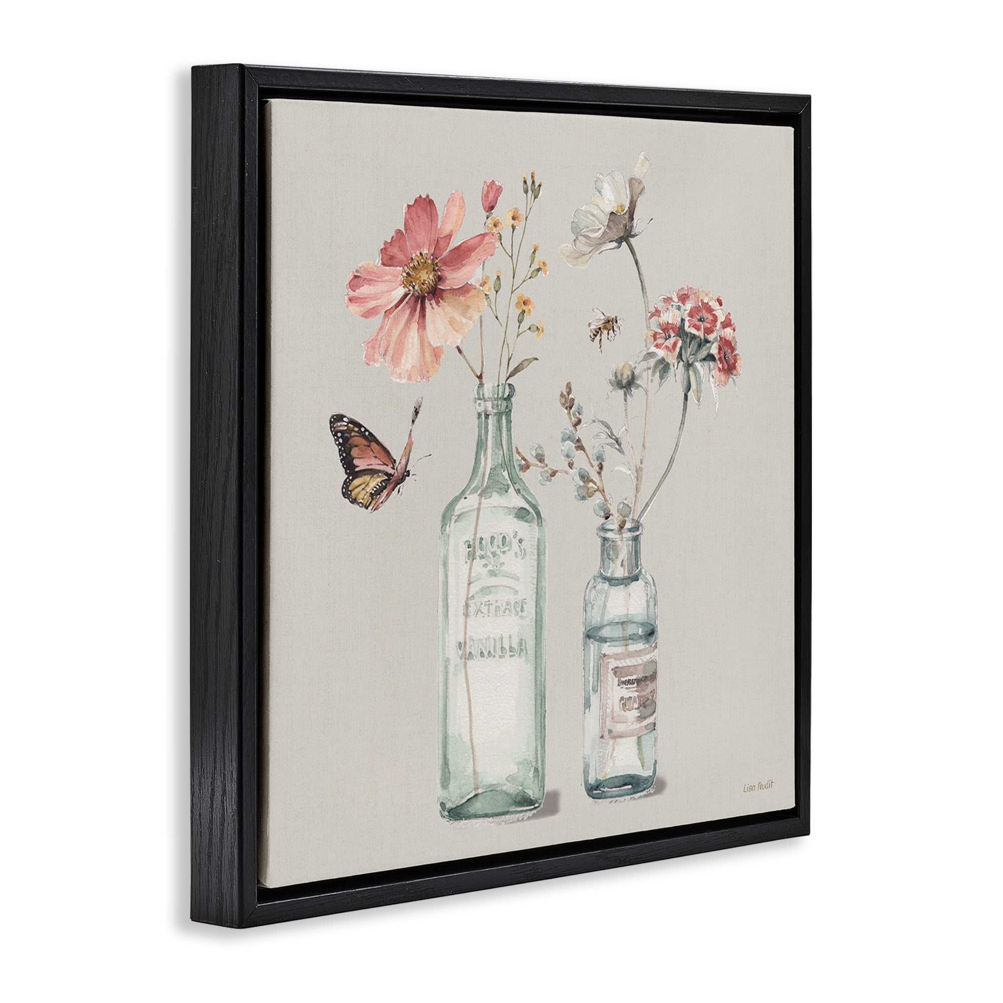 Stupell Industries Flower Jar Butterfly Painting Botanical & Floral Painting Black Floater Framed Canvas Art Print Wall Art, 25 x 25