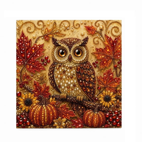 Owl Fall Diamond Painting Kit 1Set - 12x12 Inch Special Shaped Rhinestone Art for Thanksgiving Wall Decor