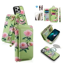 ELEHOLD Handbag Wallet with Case for iPhone 15 Pro Max Flower Floral Pattern with Card Holders Zipper Purse RFID Wallet Wristband Strap Magnetic Phone Case for iPhone 15 Pro Max,green
