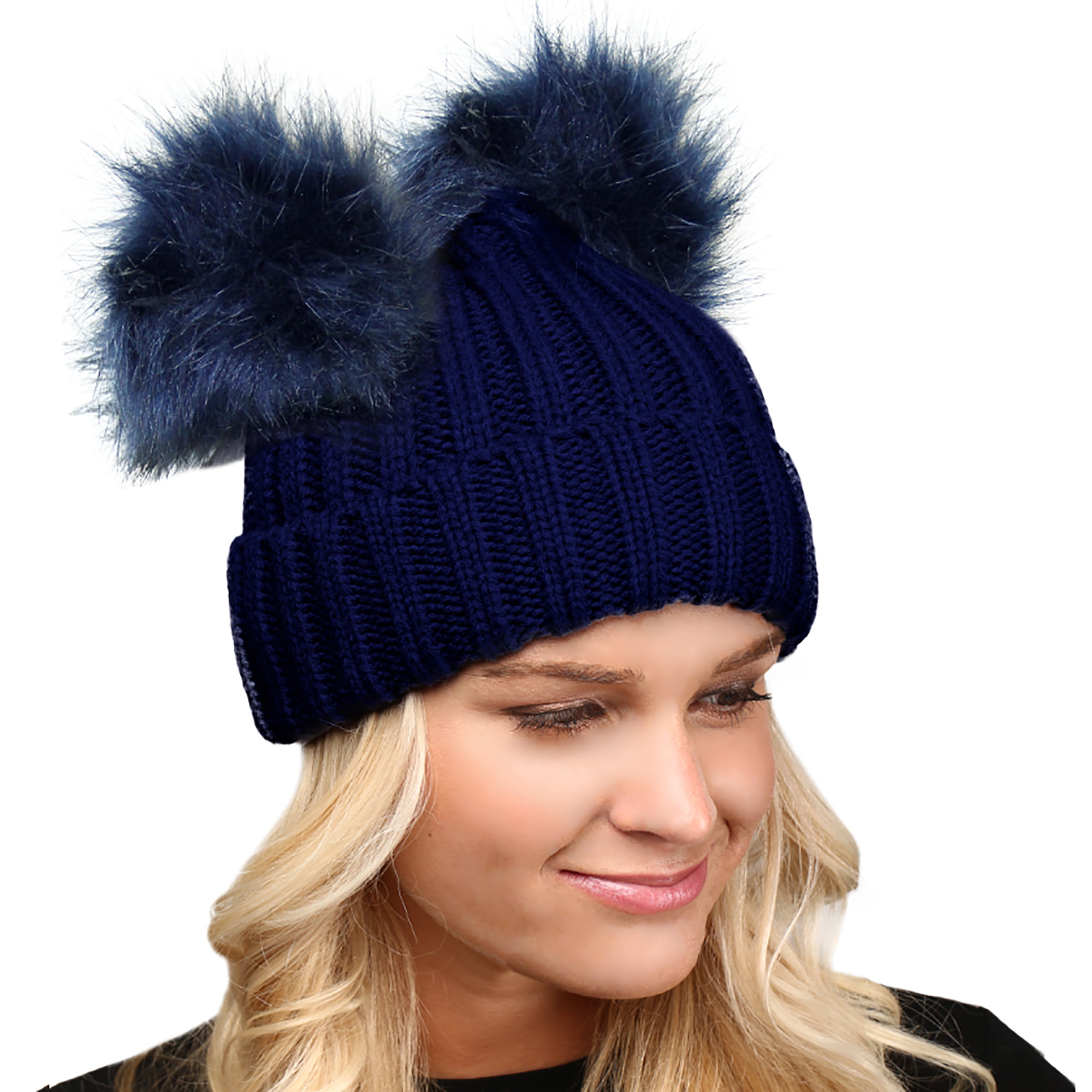 Gifts for Women Double Pom Pom Beanie Double Faux Fur Pom Pom Hat Women's knitted hat Soft knitted hat