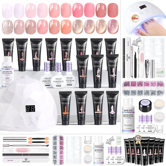 SAVILAND Hema-Free Poly Gel Nail Kit Starter: 15 Extend Gel Natural Colors Peach Rose Pink Brown Cat Eye Effect with Mini Nail Lamp Slip Solution for Long Lasting Nourish Nails Home Salon Daily DIY
