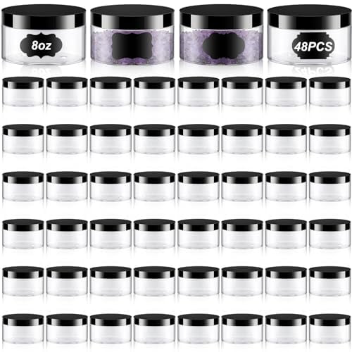 Uiifan 48 Pcs 8 oz Plastic Cosmetic Jars with Lids and Labels Empty Refillable Cosmetic Leak Proof Containers Lotion Jars for Cream Body Bu
