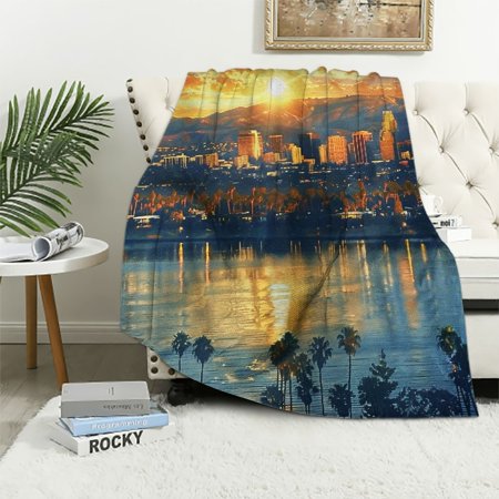 BCIIG USA Throw Blanket, San Diego at Sunrise in Harbor Waterfront Cityscape Business District, Flannel Fleece Accent Piece Soft Couch Cover for Adults, Pale Blue 40x50in