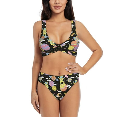 Zeuib Cartoon Astronaut In Spacesuit High Waisted Tummy Control Bikini Set - Knot Front Push Up Top & Cheeky Thong Bottom  Two-Piece Swimsuit for Women-Large