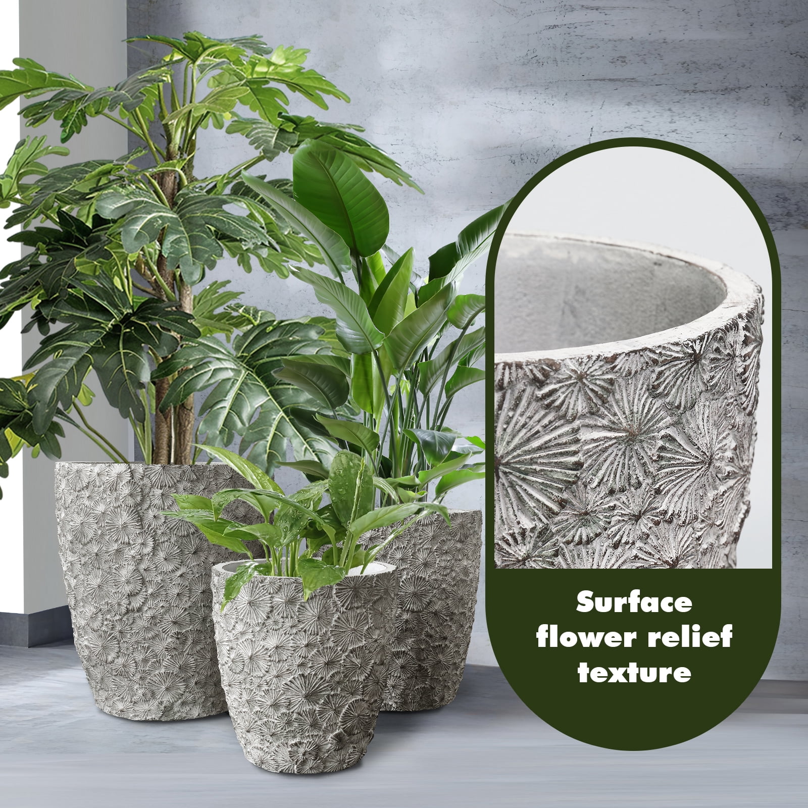 Large Concrete Planters Set of 3, Big Round Outdoor Indoor Garden Pots with Drainage Hole & Rubber Plug, 18/13/9 Inch Diameter ( (SH001)