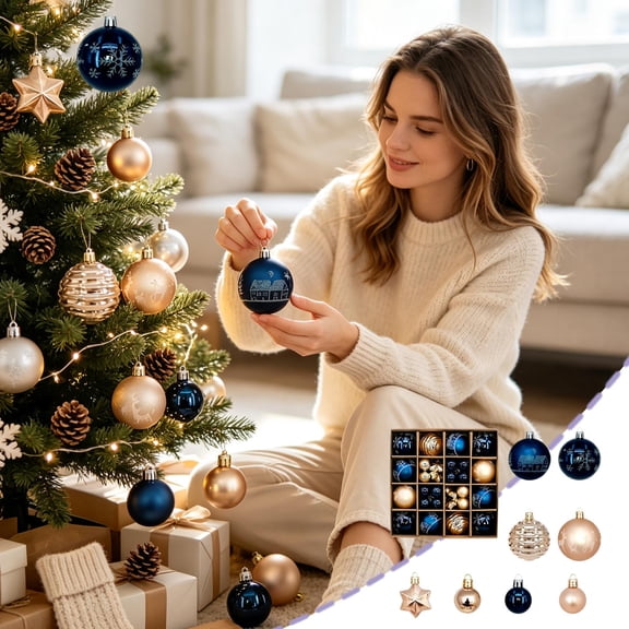 Christmas Ornament Balls Navy Gold Assorted Bauble Set For Xmas Tree Home Holiday Decor