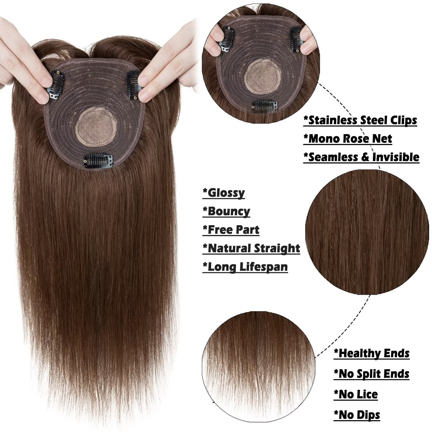 Benehair NEW 10cm*12cm 100% Remy Human Hair Clip In Topper Toupee Hairpiece Wig Top Piece Base Wiglet With Bang Brown