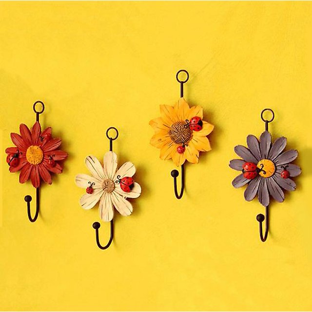 Ganchos de pared creativos de resina de margaritas gancho de hierro de flor de arte montado en la pared abrigo colgante pintado a mano/sombrero/llave/ganchos de toalla decoración del hogar (rojo + amarillo + beige + LingWen 8390605451287