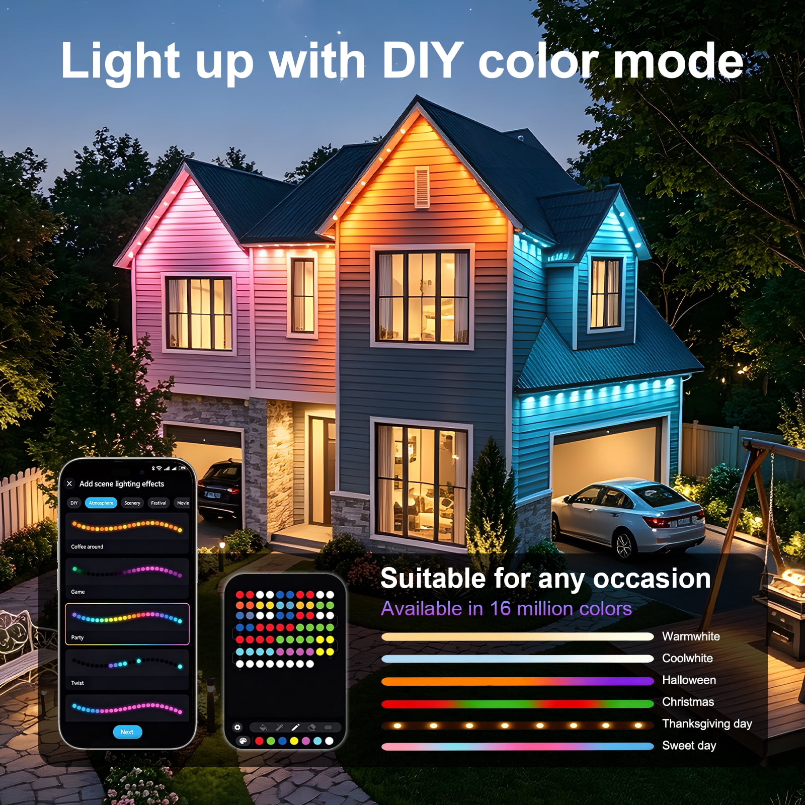 50ft RGB+IC Permanent Outdoor Eave Lights 16 Million Colors Music Sync IP67 Waterproof App Control Holiday Lighting