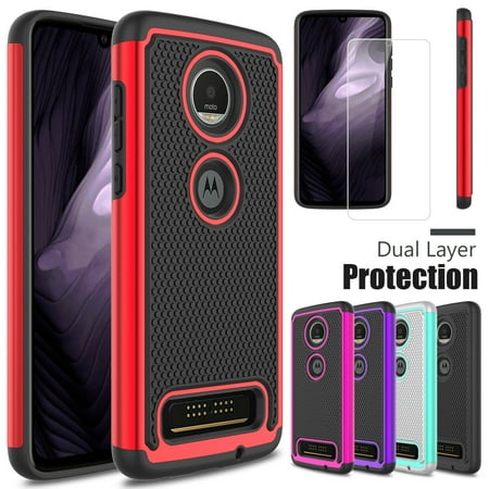 For Motorola Moto Z4 2019 Shockproof Phone Case Cover+Glass Screen Protector HD - Purple - Case+Screen