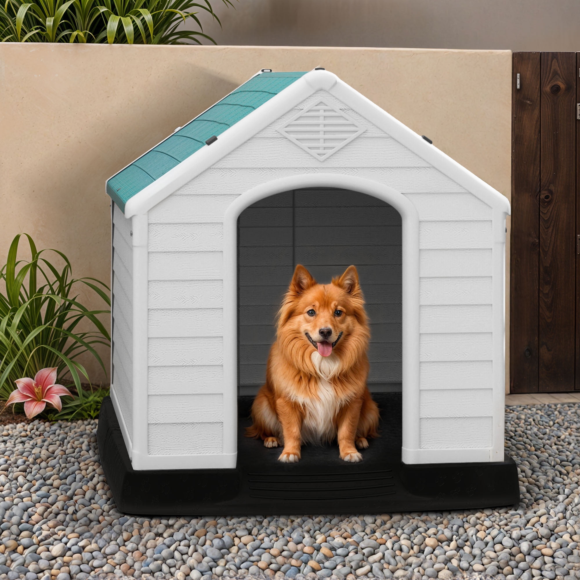 Uforic Waterproof Plastic Dog House with Air Vents and Elevated Floor, Outdoor Indoor Doghouse Puppy Shelter,Blue,28.5''Lx 26''Wx 28''H