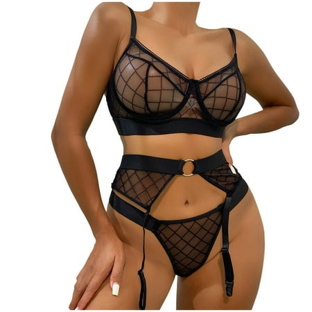 

ZMHEGW Underwear Women High Waist Print Mesh Lingerie Lace Lingerie Three Pieces Set Underwear For Womens