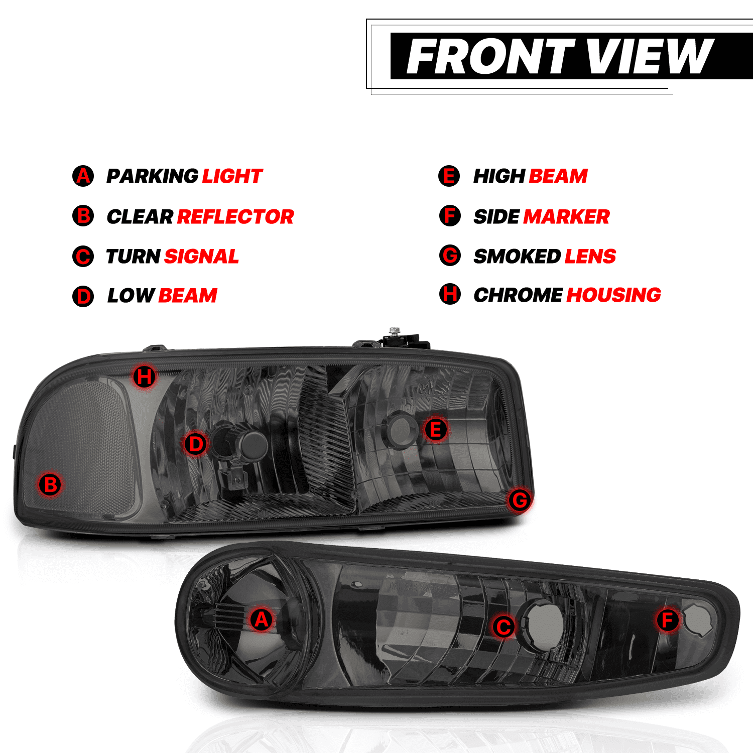 M-AUTO Pair Headlights for 01-07 GMC Sierra, 01-06 GMC Yukon Denali, Yukon XL 1500 Denali, Chrome Housing Smoke Lens Clear Corner