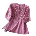 thumbnail image 1 of IUYRTFE Women's Short Sleeve Floral Embroidered Blouse Split Neck Button Up Summer Casual Tunic Top, 1 of 8