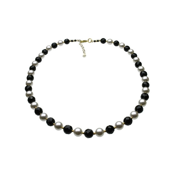 8mm Faceted Black Onyx Stone Simulated Pearls Sterling Silver Necklace, 18" 2" Extender Made with Swarovski