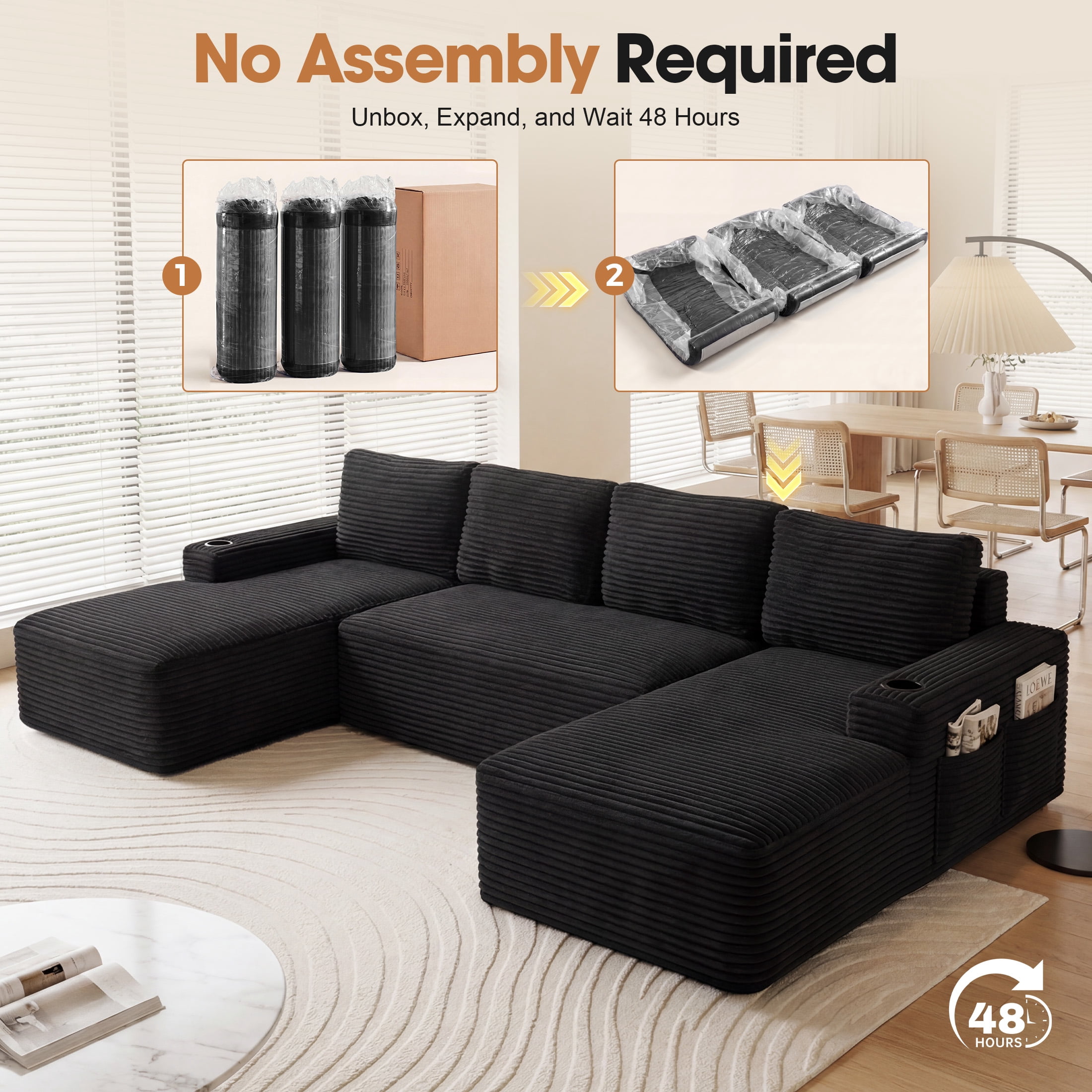 Aenkyo 133 in U-Shaped Cloud Corduroy Sectional Sofa with Cup Holders for Living Room, Black