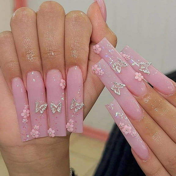 Press on Nails Extra Long Square Fake Nails Glossy Glue on Nails Pink Flower Acrylic Nails Squoval Artificial Nails Butterfly Rhinestone Stick on False Nails with Bling Glitter Design 24 pcs