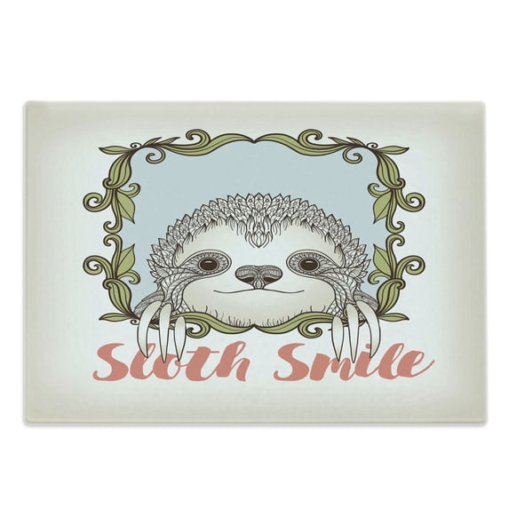 Sloth Cutting Board, Exotic Animal in Floral Frame Smile Theme Mammal Portrait, Decorative Tempered Glass Cutting and Serving Board, Large Size, Olive Green Blue Pink, by Ambesonne