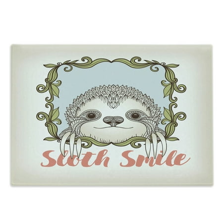 

Sloth Cutting Board Exotic Animal in Floral Frame Smile Theme Mammal Portrait Decorative Tempered Glass Cutting and Serving Board Large Size Olive Green Blue Pink by Ambesonne