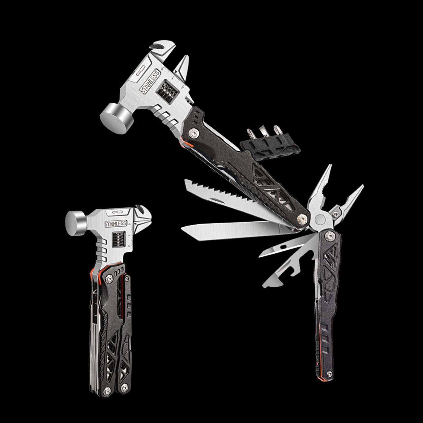 Multitool Hammer, Portable Stainless Steel Camping Gear Survival Tool with Pliers, Wire Cutter, and Screwdriver for Outdoor Hiking and Travel A#038 Black