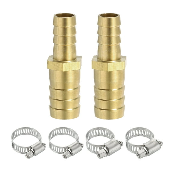 1/2" to 5/8" Brass Hose Barb Reducer, Barbed Hose Fittings with 4 Stainless Steel Clamps for Air Water Fuel, 2Pcs