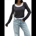 thumbnail image 2 of Camisetas de Larga con Cuello Redondo para Mujer, Informales, de Dos Piezas, Ajustadas, de Punto Acanalado, para Verano y Otoño. Gris Oscuro M, 2 of 8