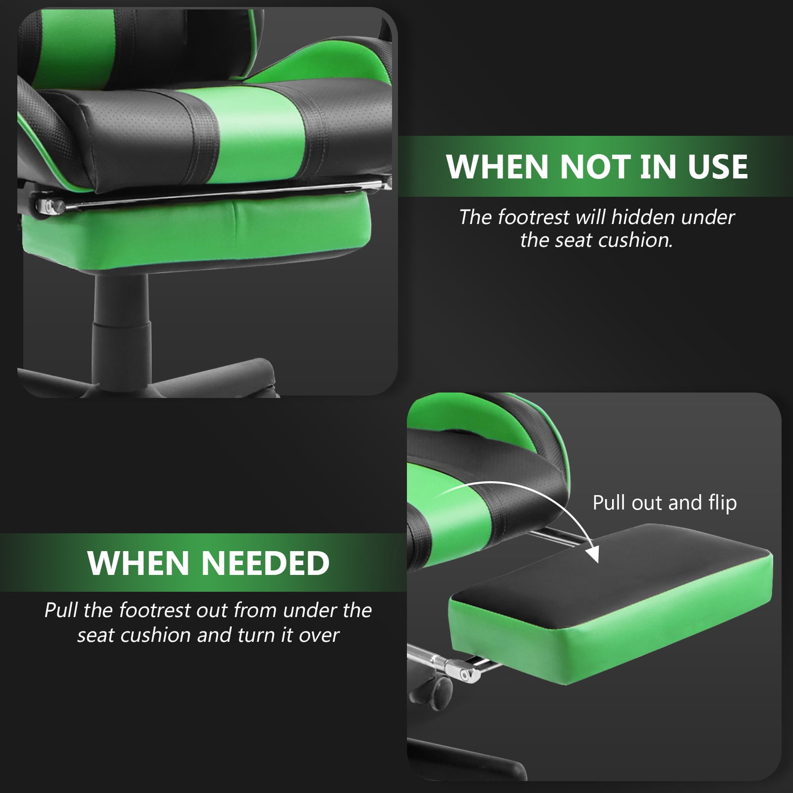 SOONTRANS Green Gaming Chair, Ergonomic Gamer Game Chair with Footrest & Massage Lumbar Pillow, High Back Reclining Office Vedio Computer Chair for Adult