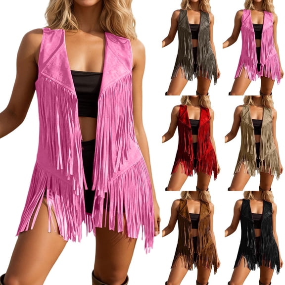 NordicNest Womens Fringe Vest Coat, 70s Hippie Cowgirl Sleeveless Cardigan Western Suede Leather Mardi Gras Tassel Outerwear