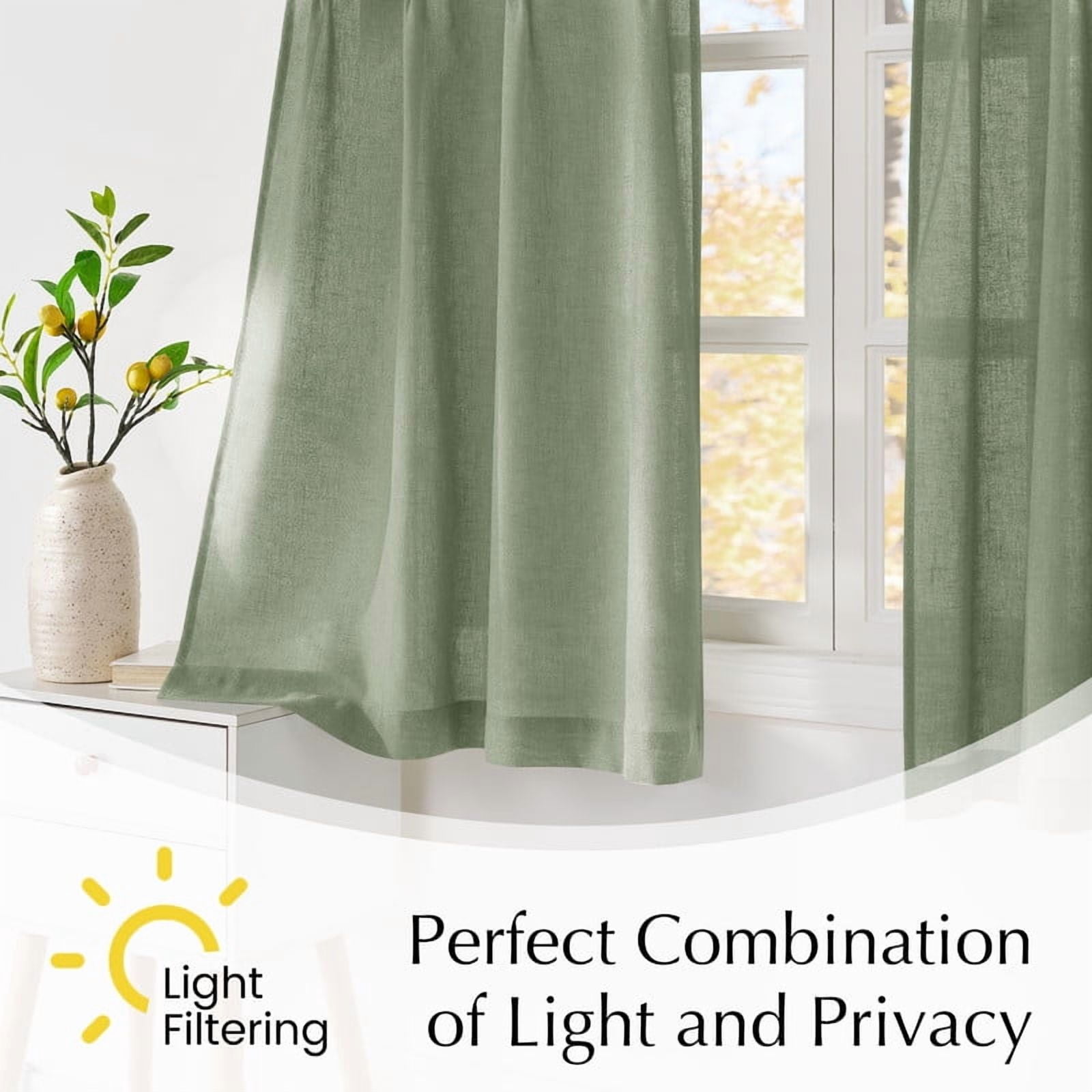 NICETOWN Pinch Pleated Linen Valance 18 Inches Long, Sage Green Cafe Curtains French Country Light Filtering Short Curtains for Bedroom Living Room, 40"x18", 1 Pair