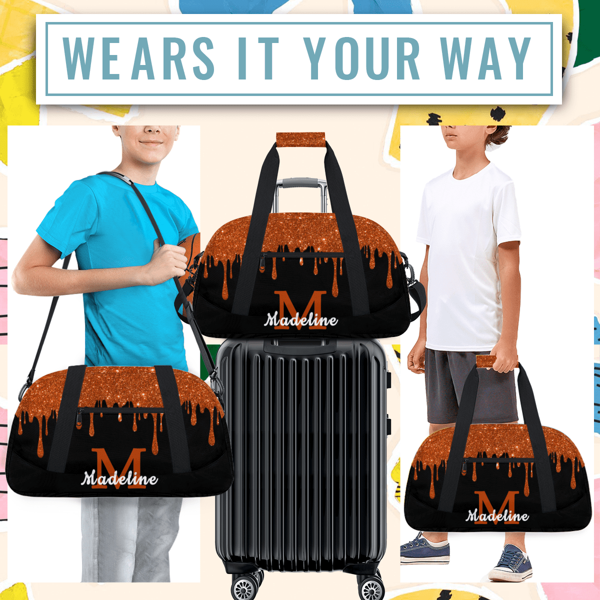 Herdesigns Personalized Sports Duffel Bag with Name Custom Weekender Overnight Bag Gym Bag Travel Dance Gymnastics Duffel Bag, Orange