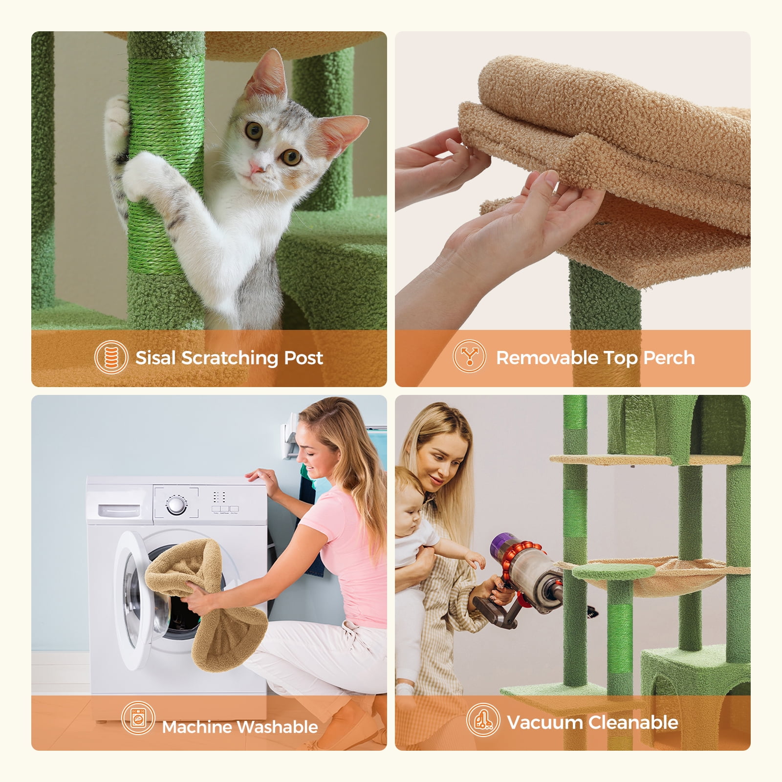 Pefilos 69" Tall Cat Tree for Indoor Large Cats with Hammock, Cat Climbing Tree Tower with Scratching Posts, Condo House and Top Perch, Green